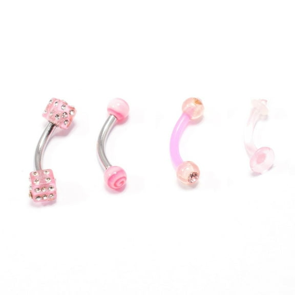 Pink Eyebrow Ring 4pc Dice Swirl Clear Acrylic & Bioflex Retainer Cartilage 14G
