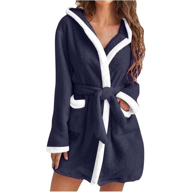 Robes for Women Bathrobe Hooded Fuzzy Short Robe with Belt and Pockets Long Sleeve Fluffy Robe Fuzzy Cute Warm Robe