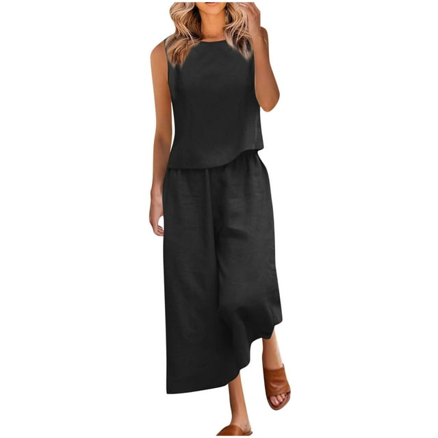 Timegard 2 Piece Sets for Women Plus Size Tank Top Wide Leg Pants Lightweight Solid Color Summer Outfits