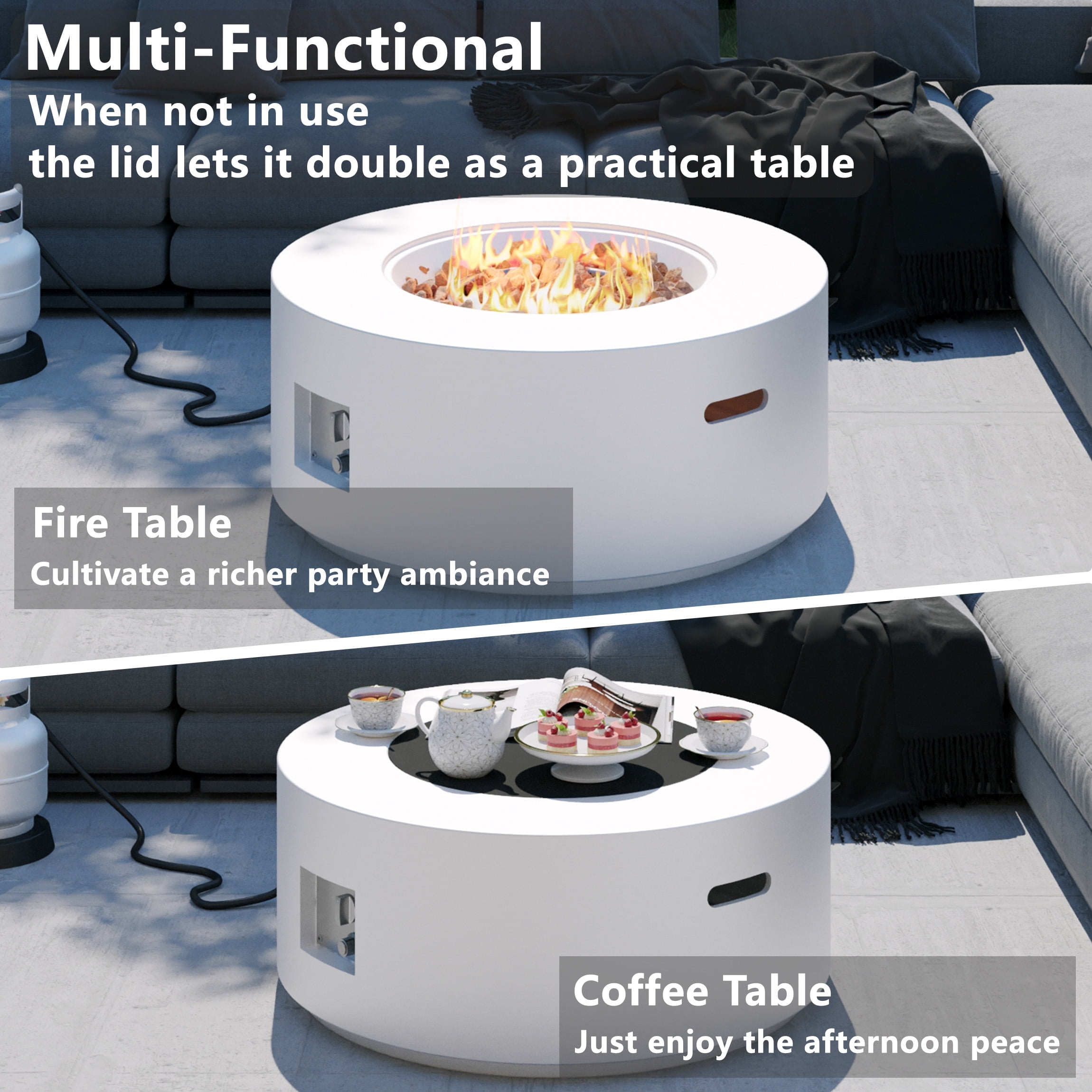 Wakeyard 32.5 inch Round Propane Fire Pit Table, 50000 BTU, Includes Lava Rock,White