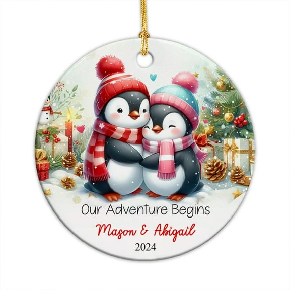 Newlywed Ornament Christmas 2025, Personalized Our Adventure Begins Ornament, Marriage Christmas Ornament, Custom Name Penguin Couple Xmas Ornament Xmas Ceramic Ornament Gift for Mr & Mrs QOfvFD