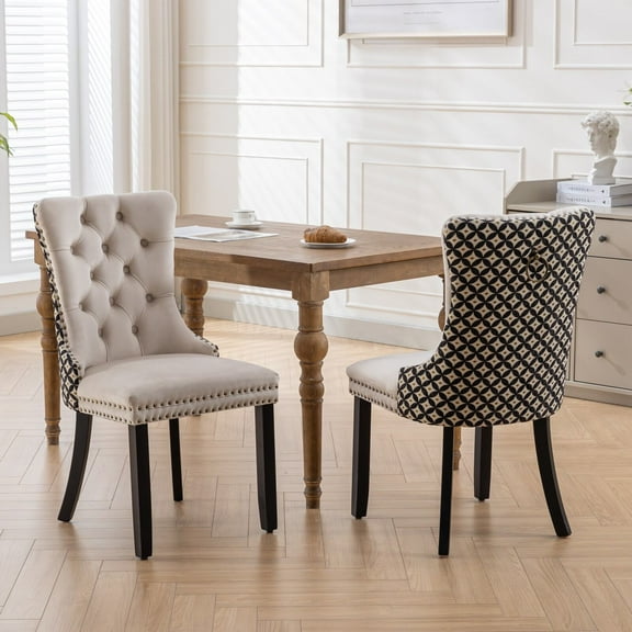 Dining Chairs Classic Velvet Dining Chairs, High-end Tufted Solid Wood Contemporary Velvet Upholstered Dining Chair with Wood Legs Nailhead, SET OF 2,Beige and Patterned,SW2201BG,Wooden Dining Chair