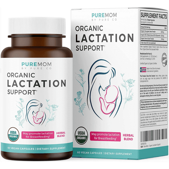 Pure Mom Organic Lactation Supplement with Milk Thistle, Fenugreek Seeds, and Fennel, 60 Capsules