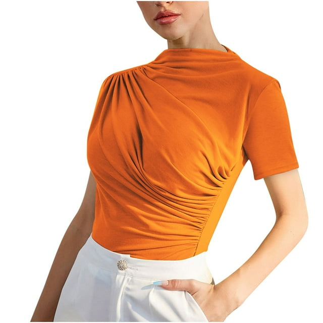 Plebaso Women's Ruched Tops High Neck Short Sleeve Slim Shirts Solid Color Going out Basic Tees Fashion