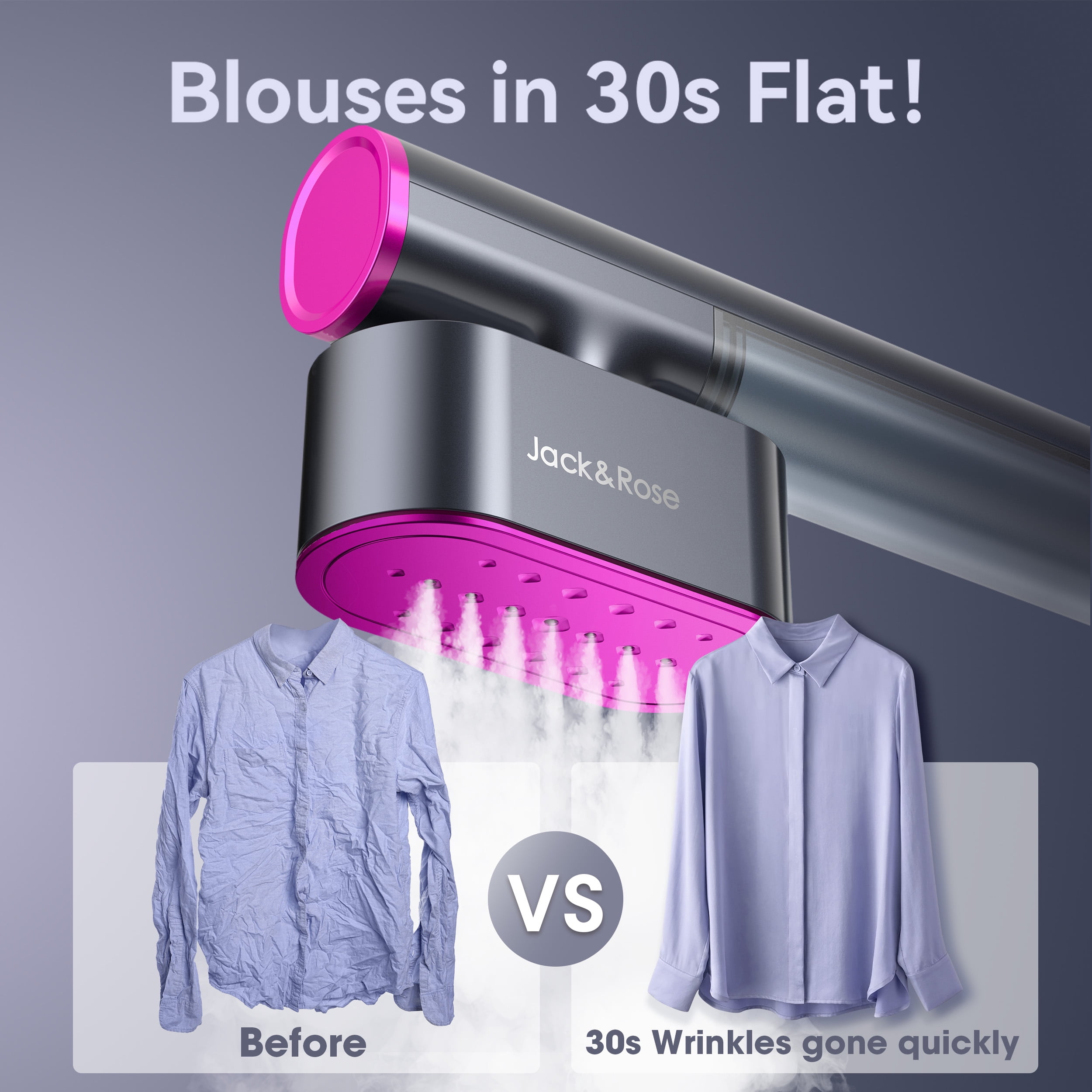 Jack & Rose Travel Steamer for Clothes, 100-240V Portable Steamer,15s Heat Up, Steamer ＆ Iron 2 In 1, Travel Size Garment Steamer, Large Ceramic Heat Panel, for Global & European Traveling, Purple