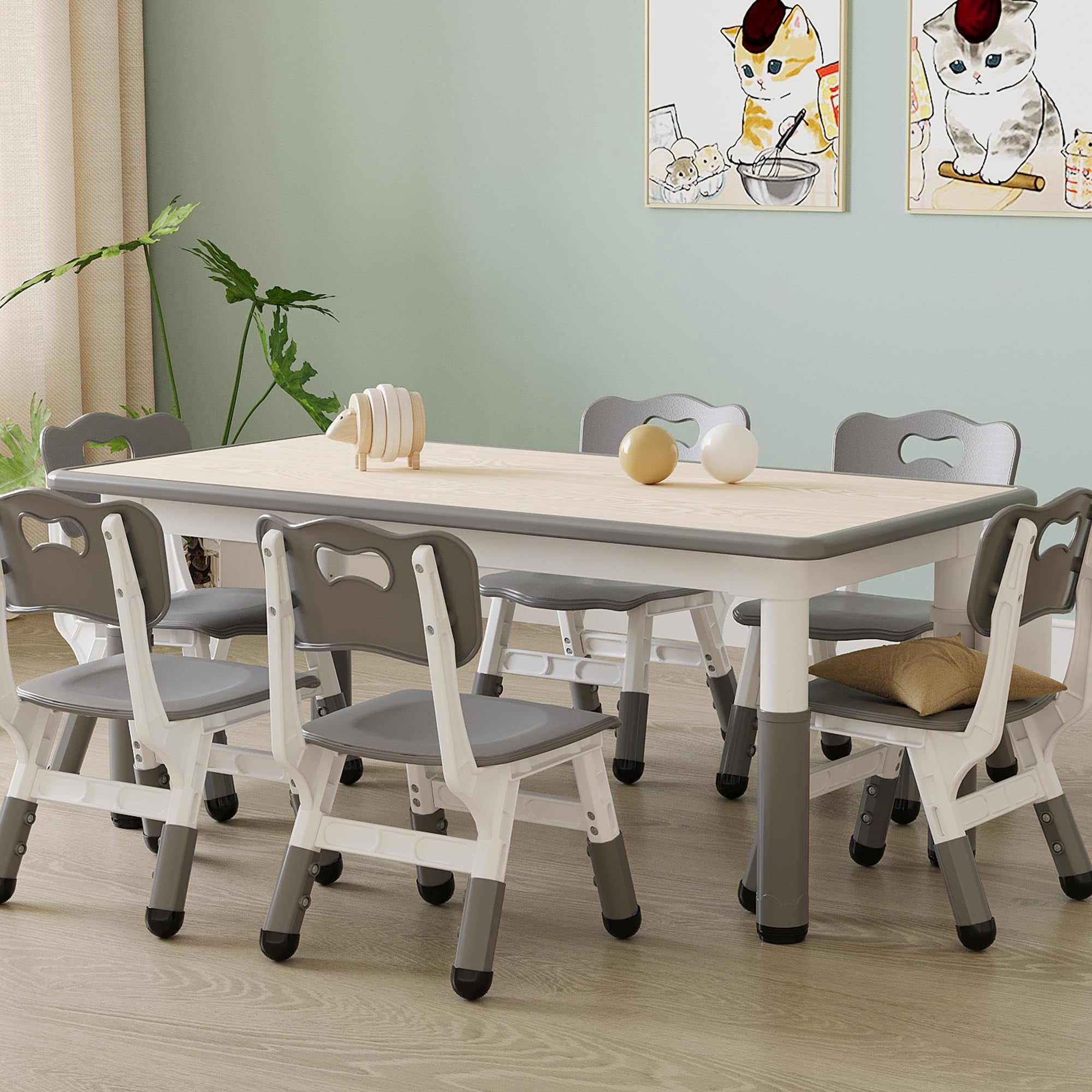 Accreate Kids Table & 6 Chairs Set with Storage Box - Height Adjustable Toddler Table for Ages 2-10, Graffiti Desktop, Non-Slip Legs - Ideal for Daycare, Classroom & Home Activities