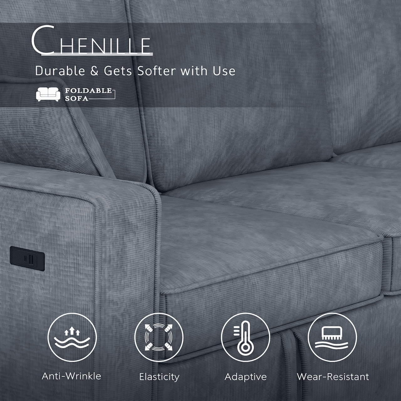 Convertible Sleeper Sofa Bed, 89" L Shaped Sectional Couch with Pull Out Bed, Storage Chaise, Charging Ports & Flip Down Console, Comfy Chenille Upholstered Sofa for Living Room, Navy Blue