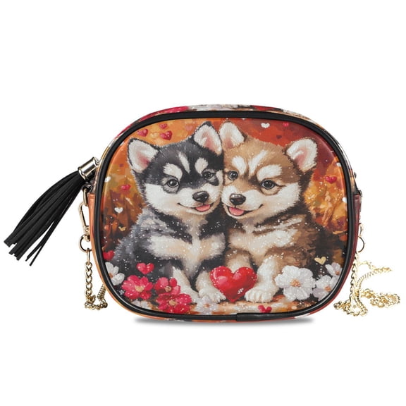 Womens Casual Chain Shoulder Bag Simple style Puppies with Flowers and Hearts Crossbody Bag