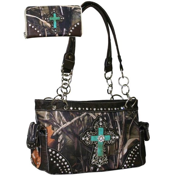 CRL683WC65Ensemble-CAM - Sac d'Épaule Western Camouflage à Croix Turquoise avec Portefeuille, Garniture Brune - Cam & Brown