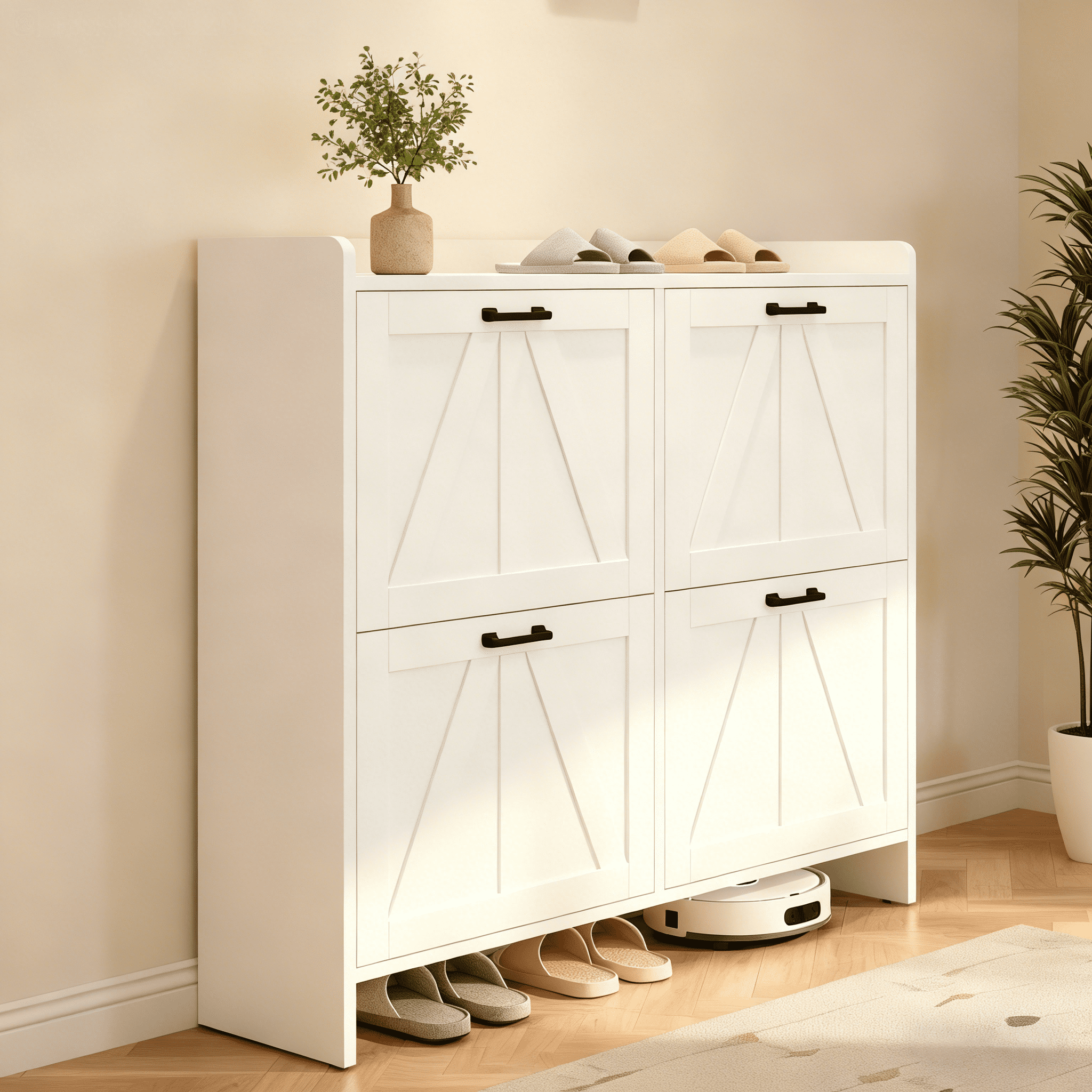 Modern Barn Door Shoe Cabinet with 4 Flip Drawers, Slim Space-Saving Entryway Storage Organizer with Top Open Shelf & 4.3" Bottom Gap for Hallway Living Room