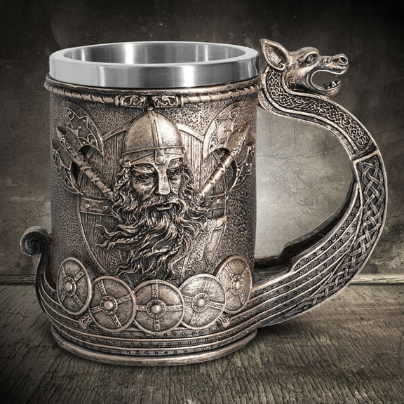 Viking Decor Beer Mug Coffee Cup with Dragon Handle, Viking Gifts for Men, Medieval Renaissance Decorations, 18 Oz