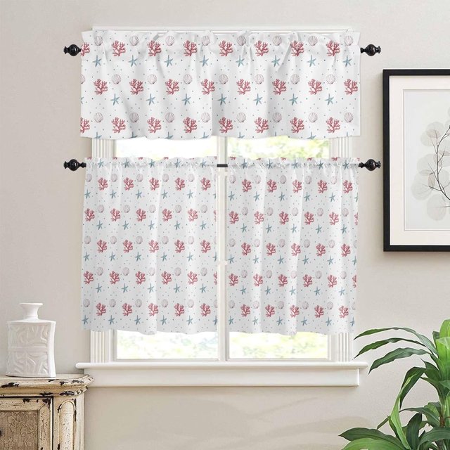 Summer Beach Ocean Starfish Shell Coral Cartoon 3 PCS Kitchen Curtain Valance and Tiers Set, Rod Pocket Small Half Tier Valances Window Curtains Panel, 55"x36" (Set of 2 Tiers & Valance)