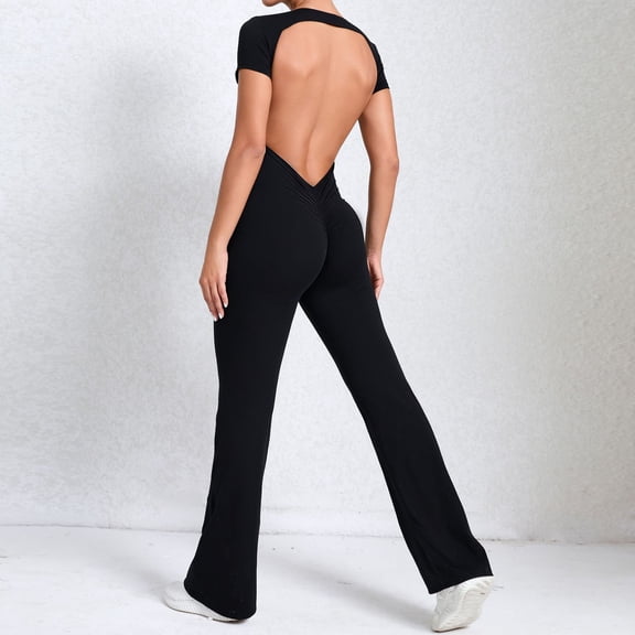 SKQIT Flare Workout Jumpsuits for Women One Piece Short Sleeves Scrunch Butt Lifting Gym Bodysuit Sexy Backless Yoga Outfits