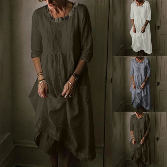 HAPIMO Long Maxi Dress for Women Clearance Solid Color Beach Comfy Leisure Vacation Short Sleeve Summer Clothing Retro Boho Round Neck Sundress Dark Gray L