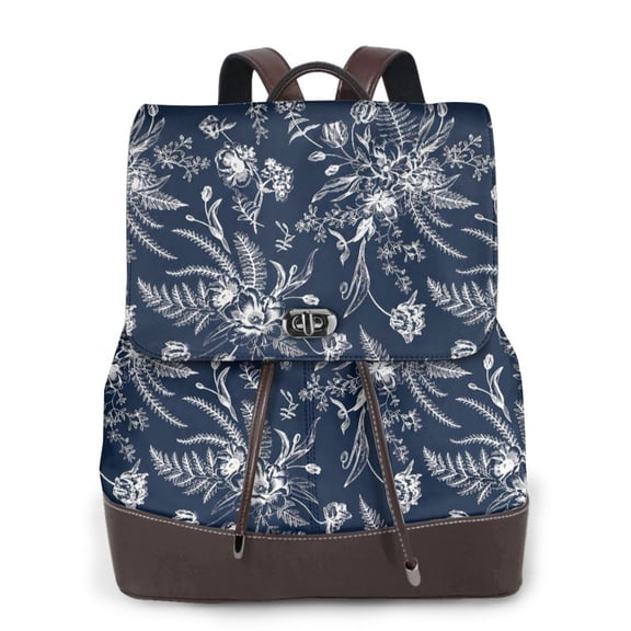 Navy Blue Floral Women's Leather Backpack All-Over Print Bag for Work and Travel