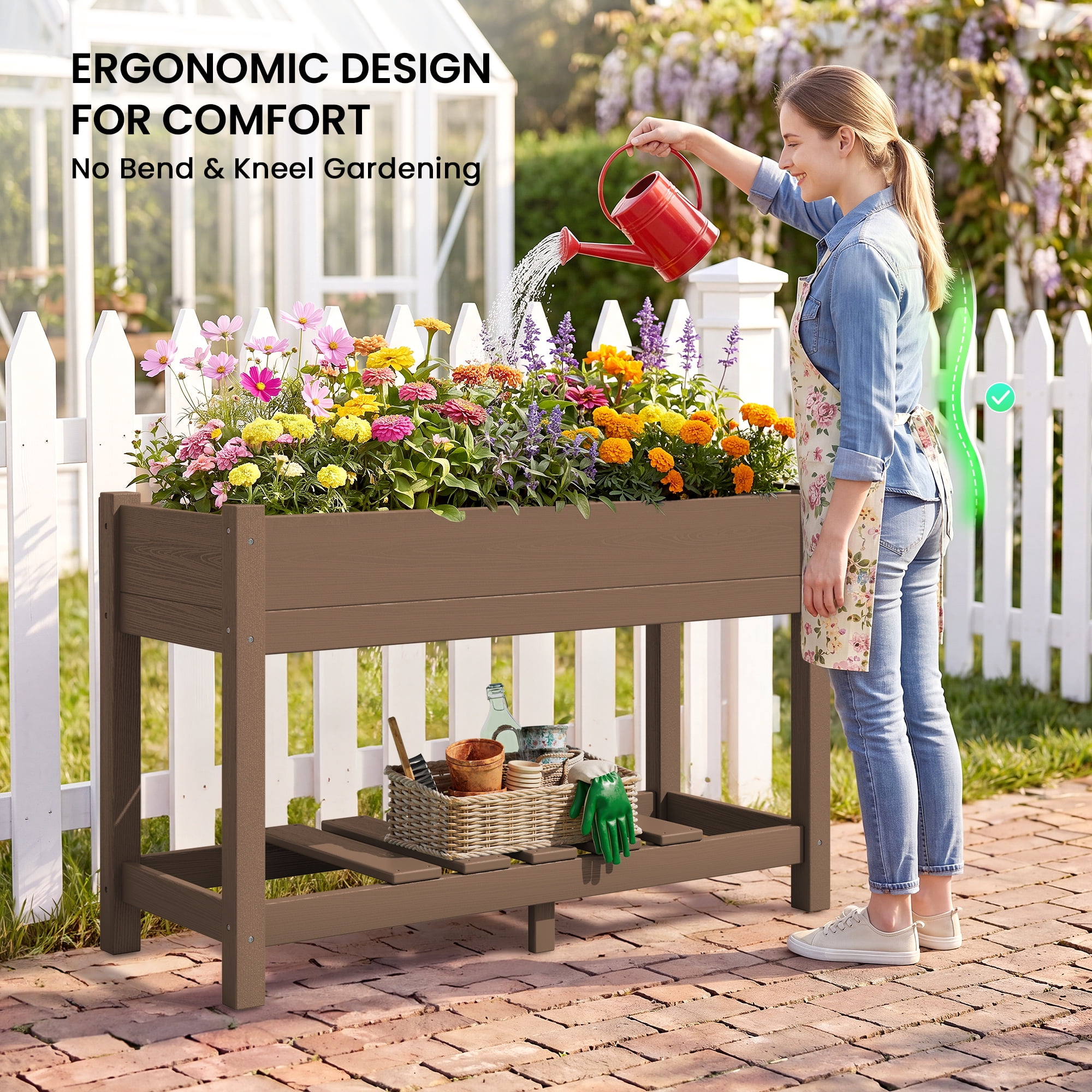 SERWALL HDPE Raised Garden Bed with Legs, 43"x16"x30" Elevated Planter Box, Outdoor Planter for Vegetables Flowers, 2-Piece, Brown