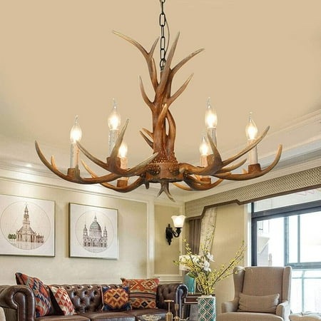 

Miumaeov Retro Resin Deer Horn Chandelier 6-Light LED Lamp Antler Ceiling Fixture Light Pendant Light