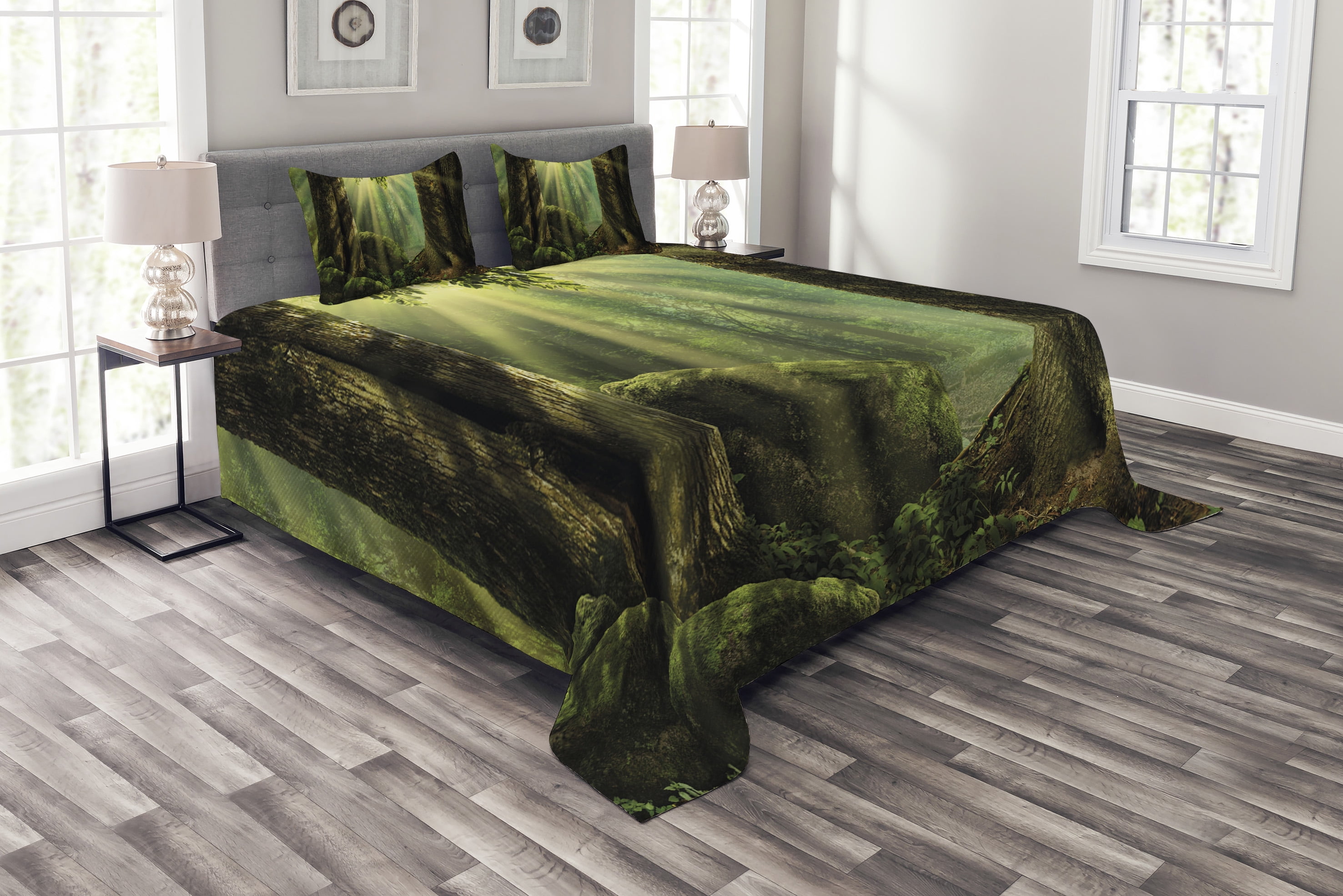 Nature Bedspread Set King Size, Deep down in Forest with Sunbeams