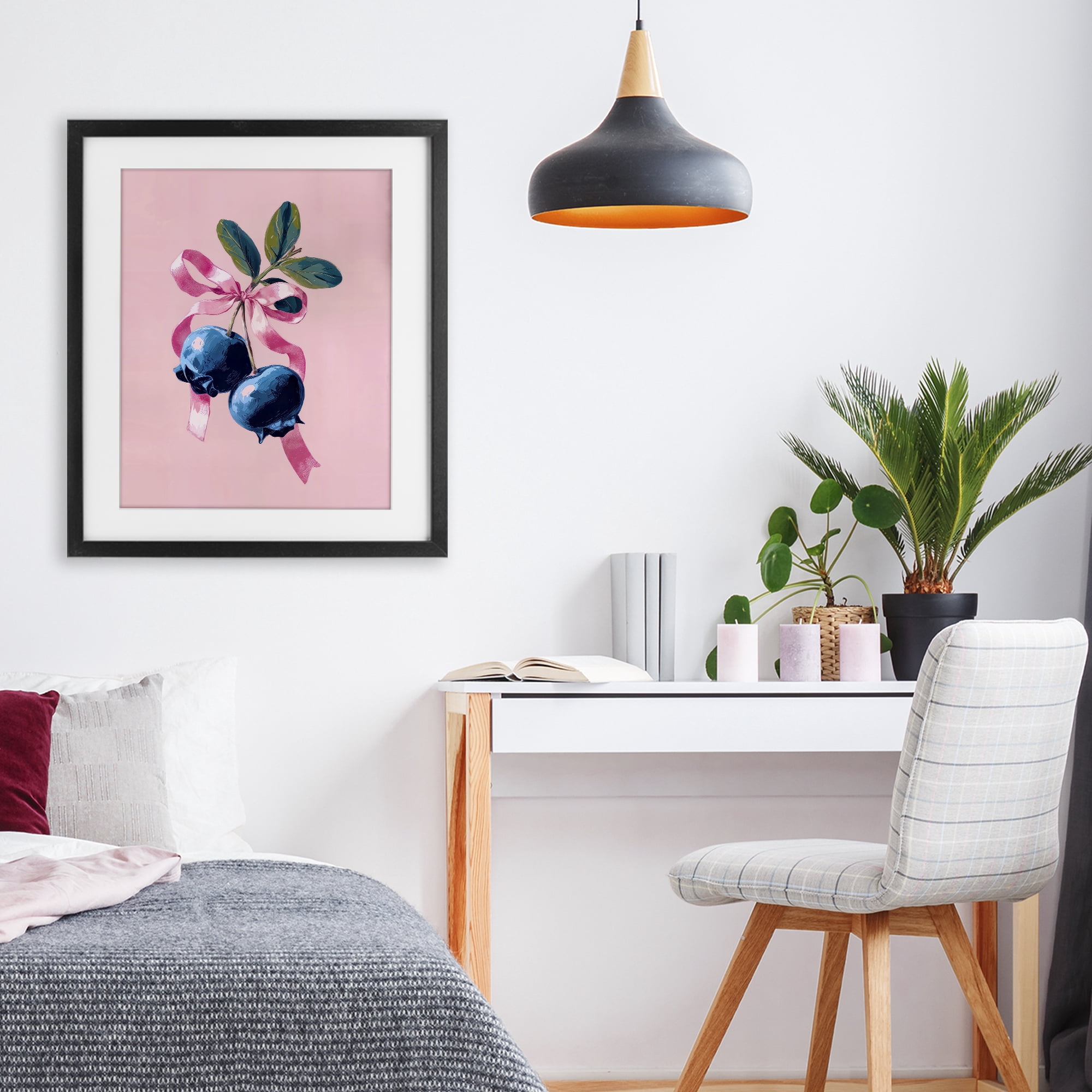 Stupell Industries Blueberry Branch with Pink Bow Black Framed Print Under Glass, design by Imagine It Images