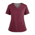 thumbnail image 3 of 2 Pocket Scrub Tops for Women V Neck Short Sleeve Stretch Work Top with Side Slits Crafted from 4 Way Stretch Soft Durable Easy Care Fabric, #02 Wine, S, 3 of 4