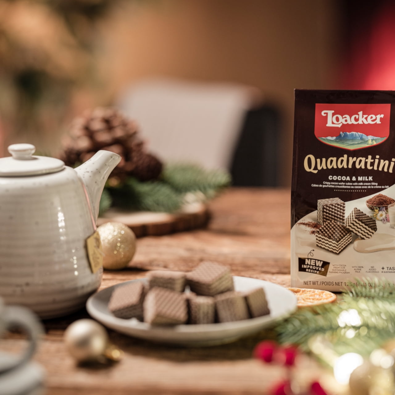 Loacker Quadratini Cocoa and Milk, Cream-Filled Bite-Size Wafer Cookies, 8.82 oz, Pack of 6