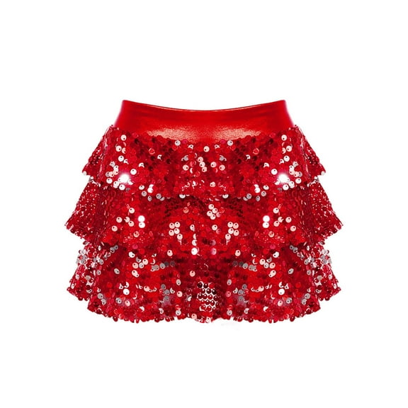 YiZYiF Kids Girls Sparkly Sequins Dance Skirt Tiered Ruffle Skorts Hip Hop Jazz Performance Costume Red 4