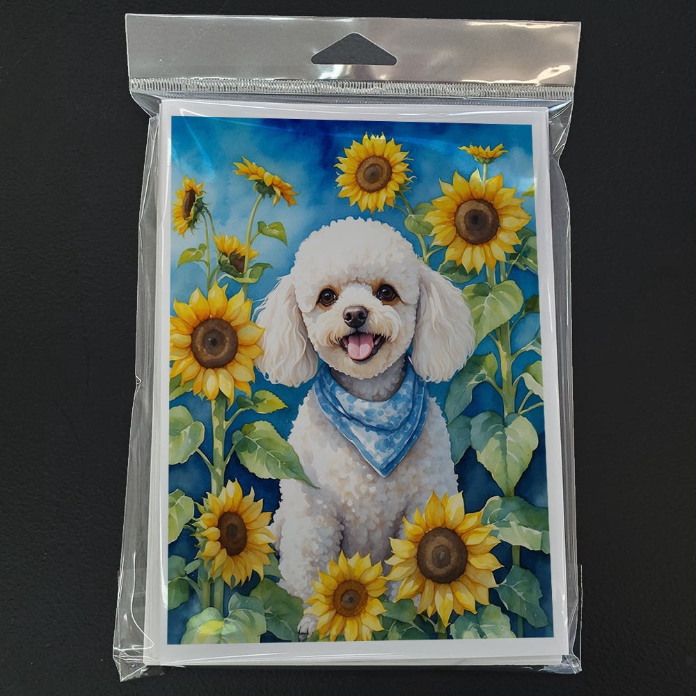 White Poodle in Sunflowers Greeting Cards Pack of 8 7 in x 5 in
