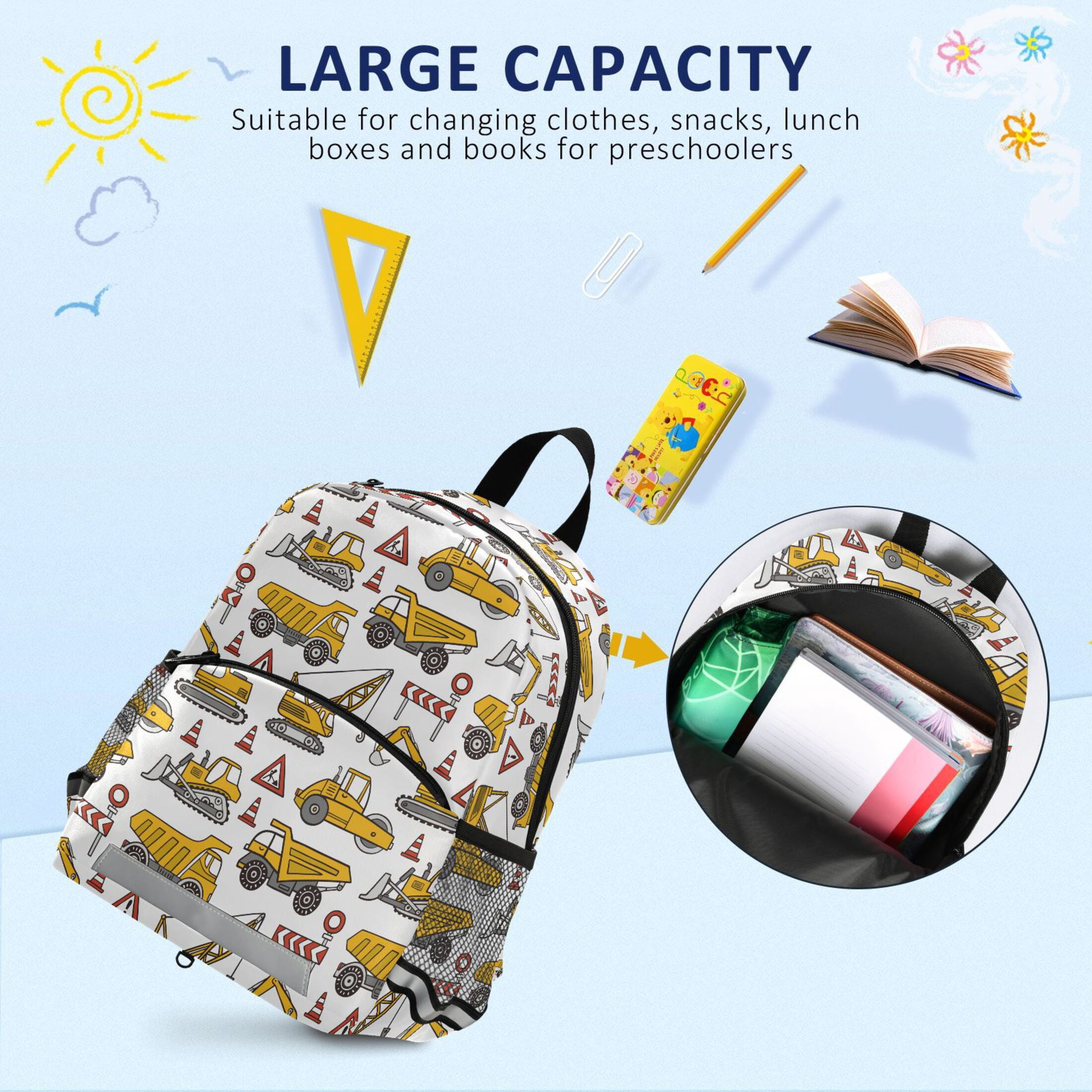 Construction Truck Kids Backpack Toddlers School Bookbag Age 2-6 Children Preschool Bag Boys Girls Kindergarten Daypack