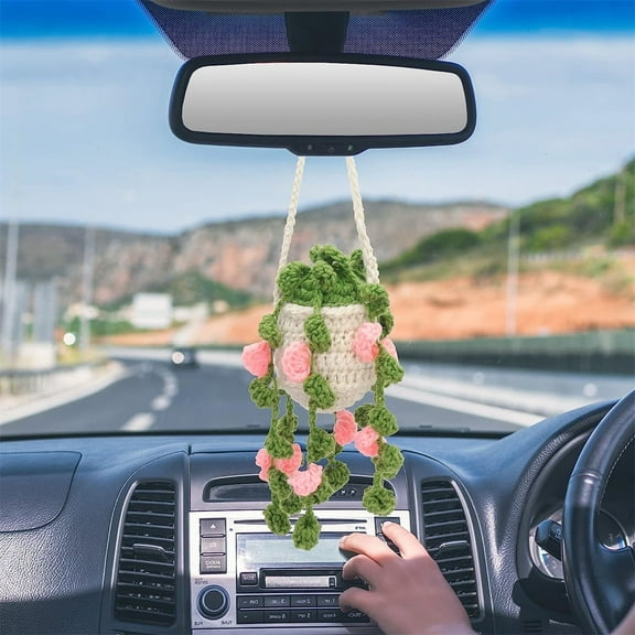 Bexikou Car Mirror Hanging Accessory, Handmade Knitted Cute Crochet Potted Plant Rear View Decor Car Interior Accessories
