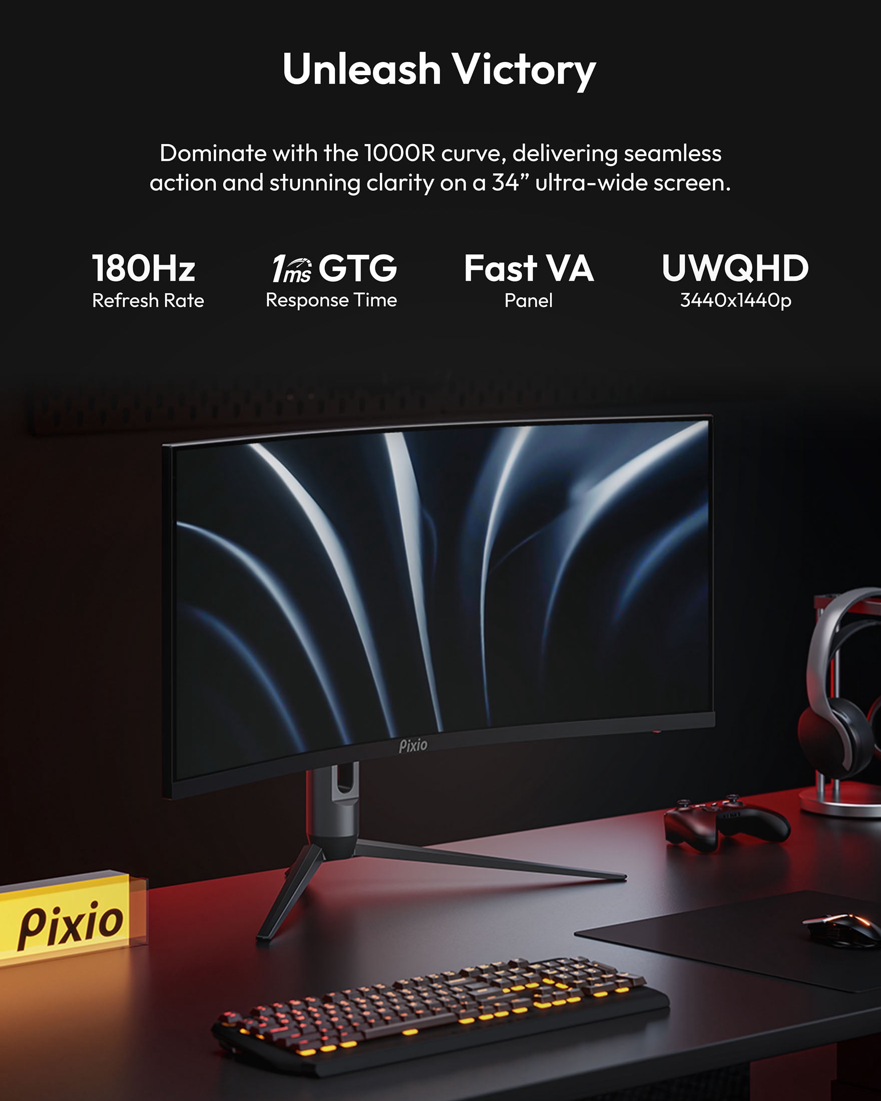 Pixio PXC348C Neo 34 inch 180Hz Refresh Rate UWQHD 1440p Ultrawide Resolution 1000R Curve Fast VA Panel 1ms Response Time USB-C Displayport 65W Charging Adaptive Sync HDR Curved Gaming Monitor