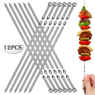 Kabob Skewers Flat Metal BBQ Barbecue Skewers 16" Long Hook Style Stainless Steel Shish Kebob Sticks Wide Sharp Reusable Grilling Skewers Set for Meat Shrimp Chicken Vegetable 12 Pack