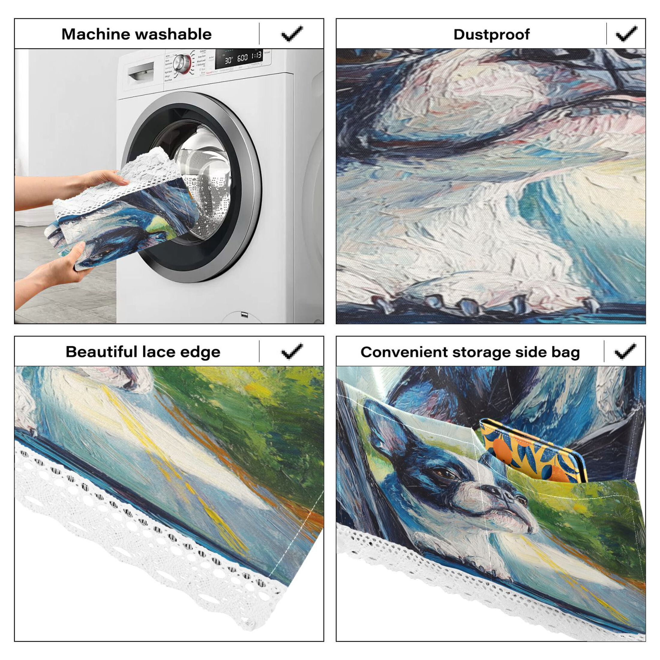 Lovely Boston TerrierWasher and Dryer Covers Dust-Proof and Oil Resistant Fridge Cover with 4 Storage Pockets Washing Machine Top Cover for Laundry Kitchen Home 51.2 x 22 In