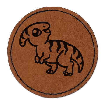 Chibi Parasaurolophus Dinosaur 2.5" Faux Leather Round Engraved Iron-On Patch - Brown