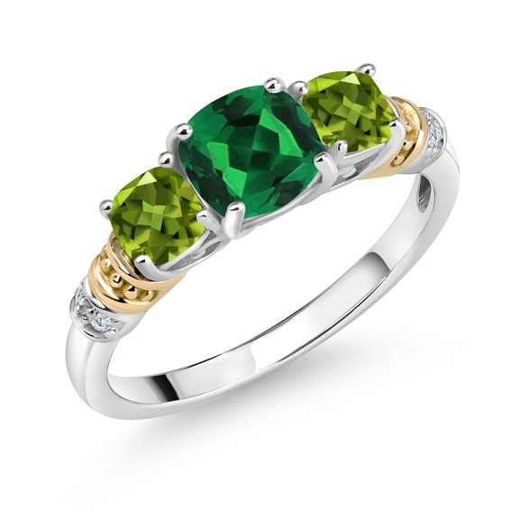 Gem Stone King 925 Silver and 10K Yellow Gold Green Nano Emerald and Green Peridot and Diamond 3-Stone Ring for Women (1.68 Cttw, Gemstone May Birthstone, Cushion 6MM and 4MM, Size 7)