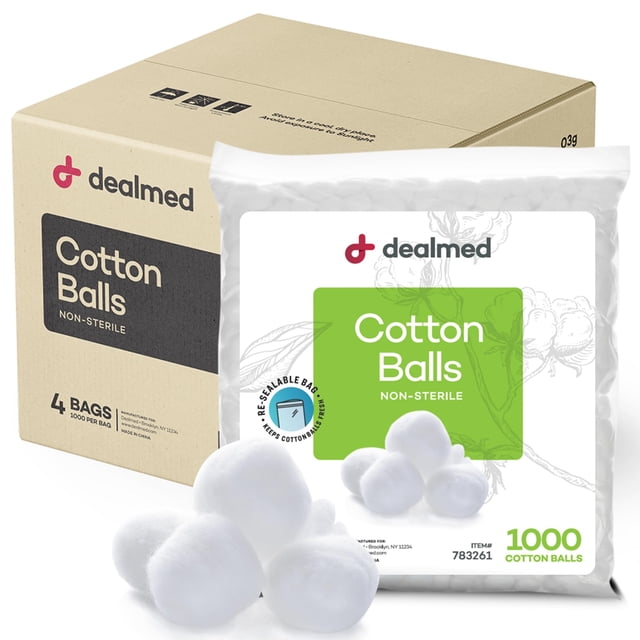 Bolas de algodón Dealmed, 1000 quilates, 100% algodón puro (caja de 4)