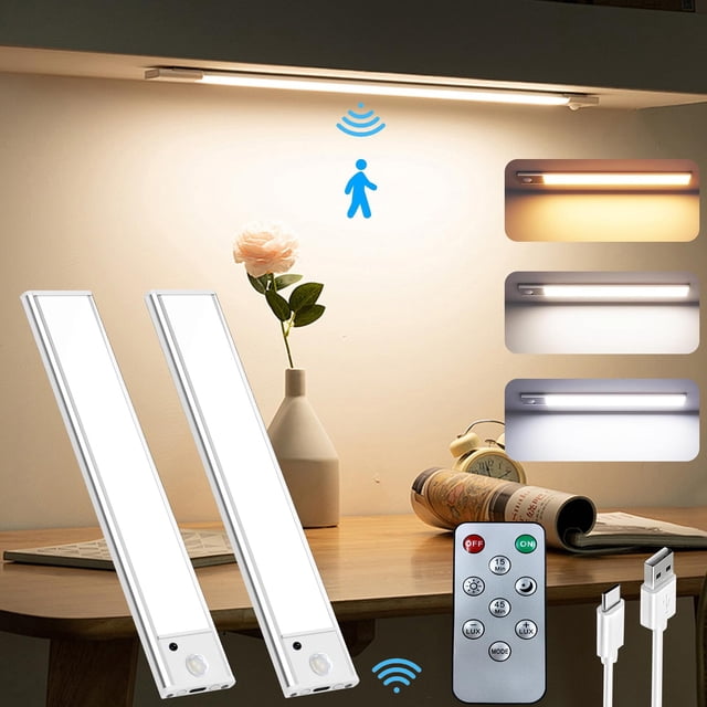 Luz Led con Sensor de Movimiento, 2PCS Luces para Debajo del Clóset Recargables con 3 Colores y Brillo Ajustable, con Control Remoto, para Recámara, Clóset, Pasillo, E