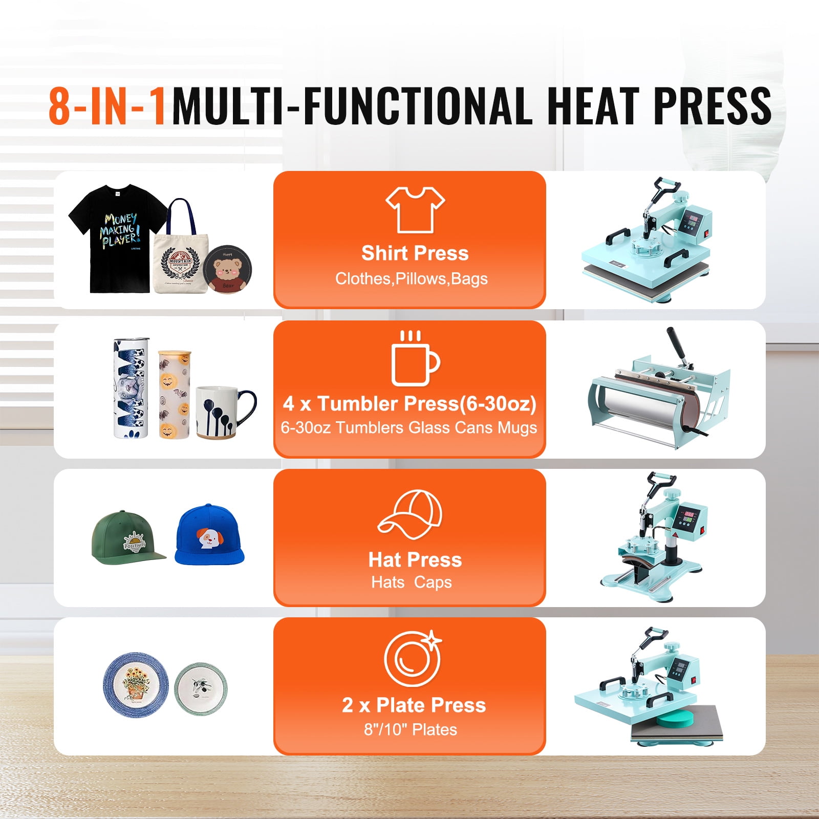 SKYSHALO Heat Press Device, 15x15 inch, Multifunctional 8 in 1 Heat Application Machine, Includes 6-30 oz Cup Press, 360° Rotating T-Shirt Application, Accurate Digital Settings, Suitable for T-Shirts
