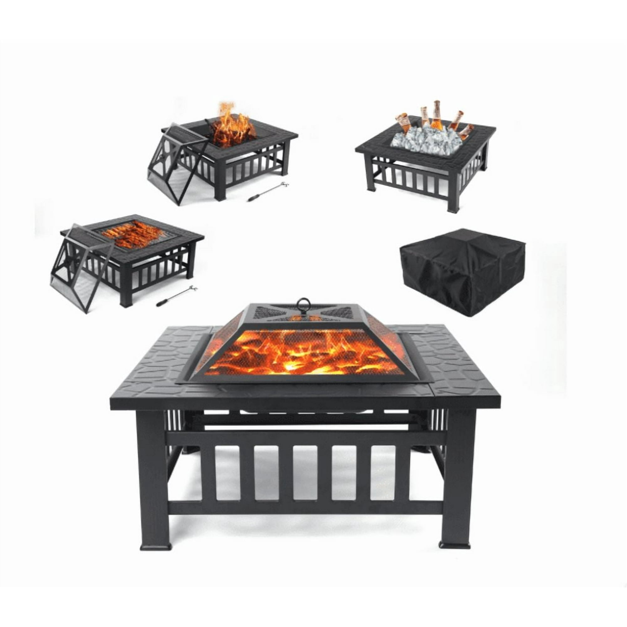 Sesslife Fire Pits for Outside, 32 Inch Square Wood Burning Fire Pit Table with Spark Screen and Fire Poker,Multifunctional Fire Pit Table for Patio,Backyard,Garden