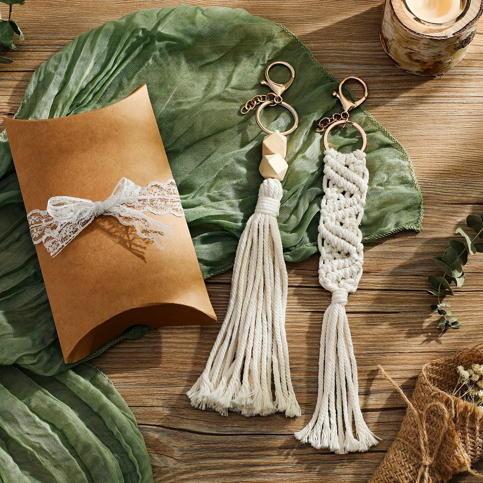 24 Pcs Boho Tassel Keychain Set, Beige Woven Macrame Keychain Charms with Gold Key Rings, Handmade Bag Charm Accessories for Women, Bohemian Party Favor Wedding Gift Bulk