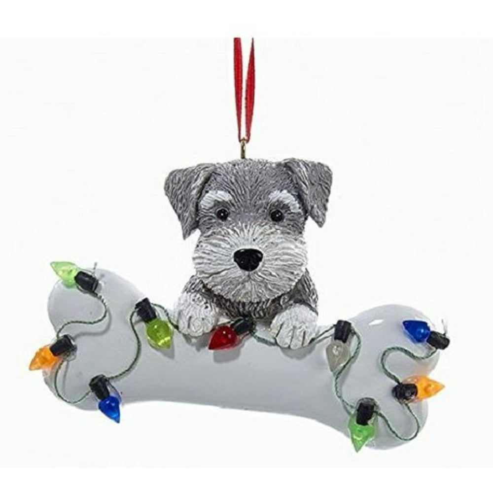 Schnauzer Puppy with Large Bone and Christmas Lights Ornament Dog Pet