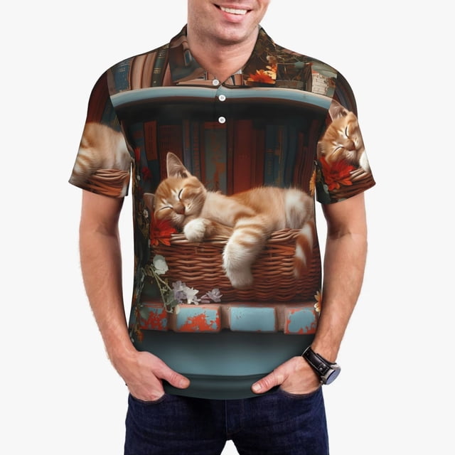 Balery Cat Asleep Among Flowers Camisa Polo de Hombre con Estampado, de Manga Corta y Tejido Medio, Camisa Tipo Golf Polo-4X-Large