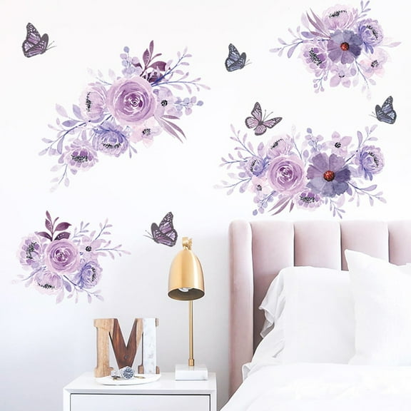 Purple Flower Butterfly Wall Sticker for Home Bedroom Decoration