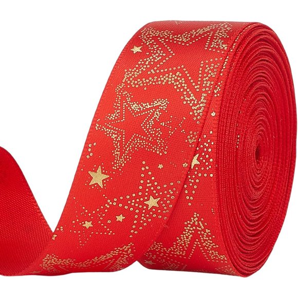 10 Yards Red Ribbon with Gold Stars Sparkle Stamping Printed Satin Rolls Glitter Polyester Single Face Trims for Sewing Making Clothes Garment Accessories Gift Decoration DIY Craft Supply
