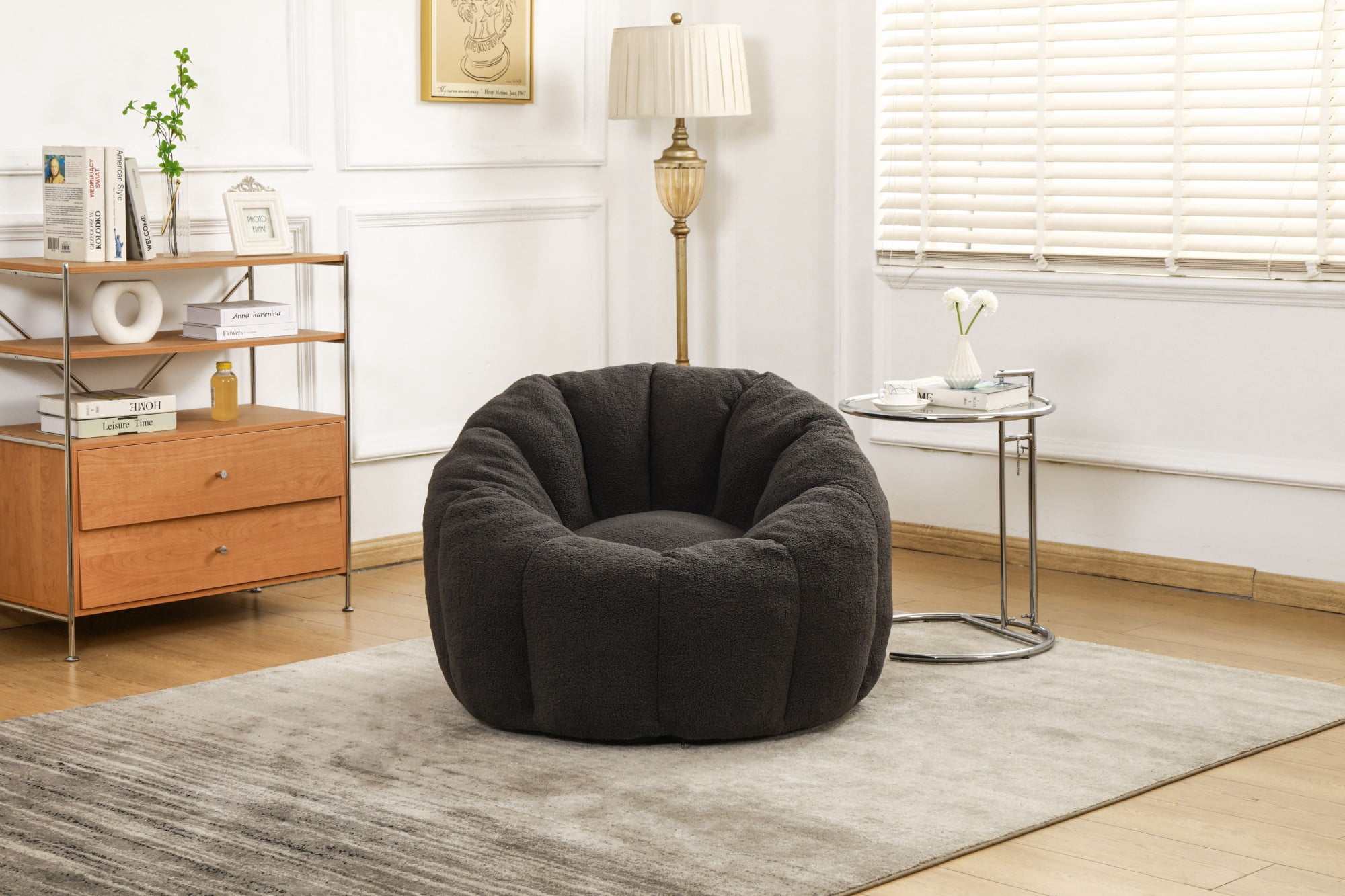 Bean Bag Chair for Adults, Faux Fur Memory Foam Bean Bag Sofa with Armrests, Fluffy Lazy Chair for Living Room Bedroom, Dark Gray