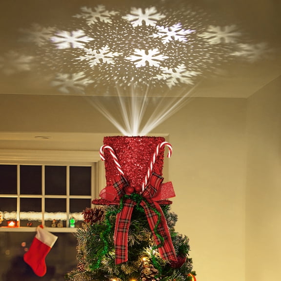 Lewondr Christmas Tree Topper Hat Projector, Christmas Hat Tree Topper with Snowflake Projector Glittering Sequins, Decorative Elf Hat Tree Topper for Xmas Holiday Party Home, Red