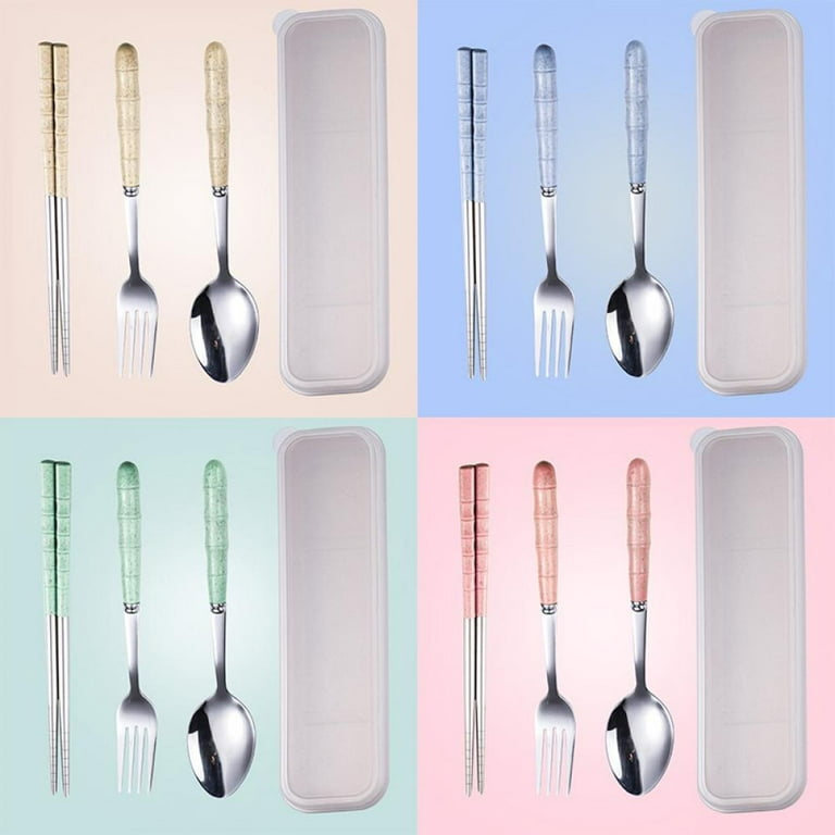Stainless Steel Cutlery Set Spoon Fork Chopsticks with Wheat Box Travel Set