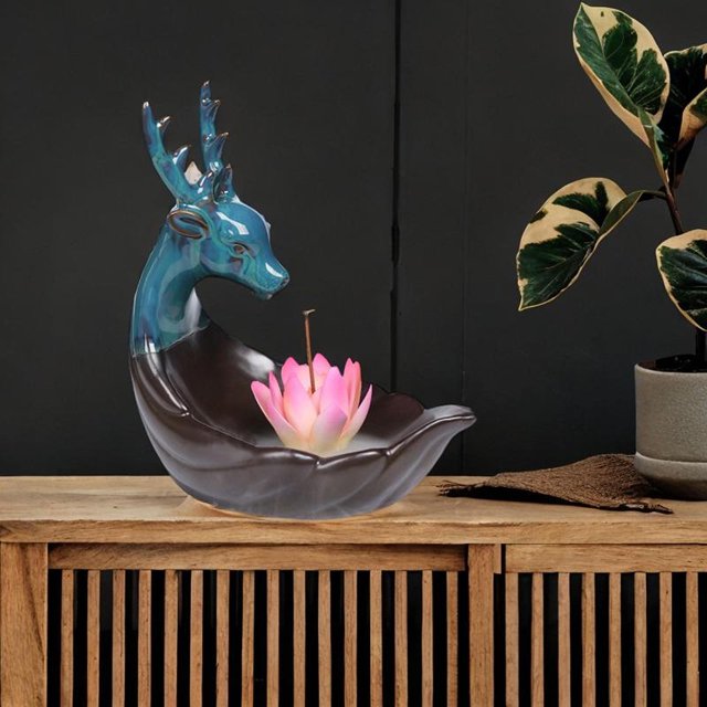 Backflow Incienso quemador cascada lotus figurine de ciervo cerámico censador de cerámica tiburador de incienso para parte para el partido Rosa