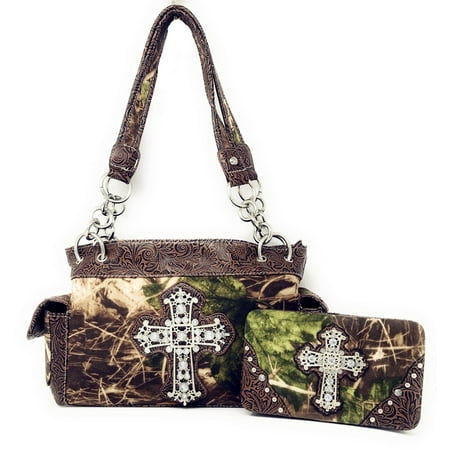 - Premium Rhinestone Western Camouflage Cross Womens Shoulder Handbag Purse/Matching Wallet In Multi Colors