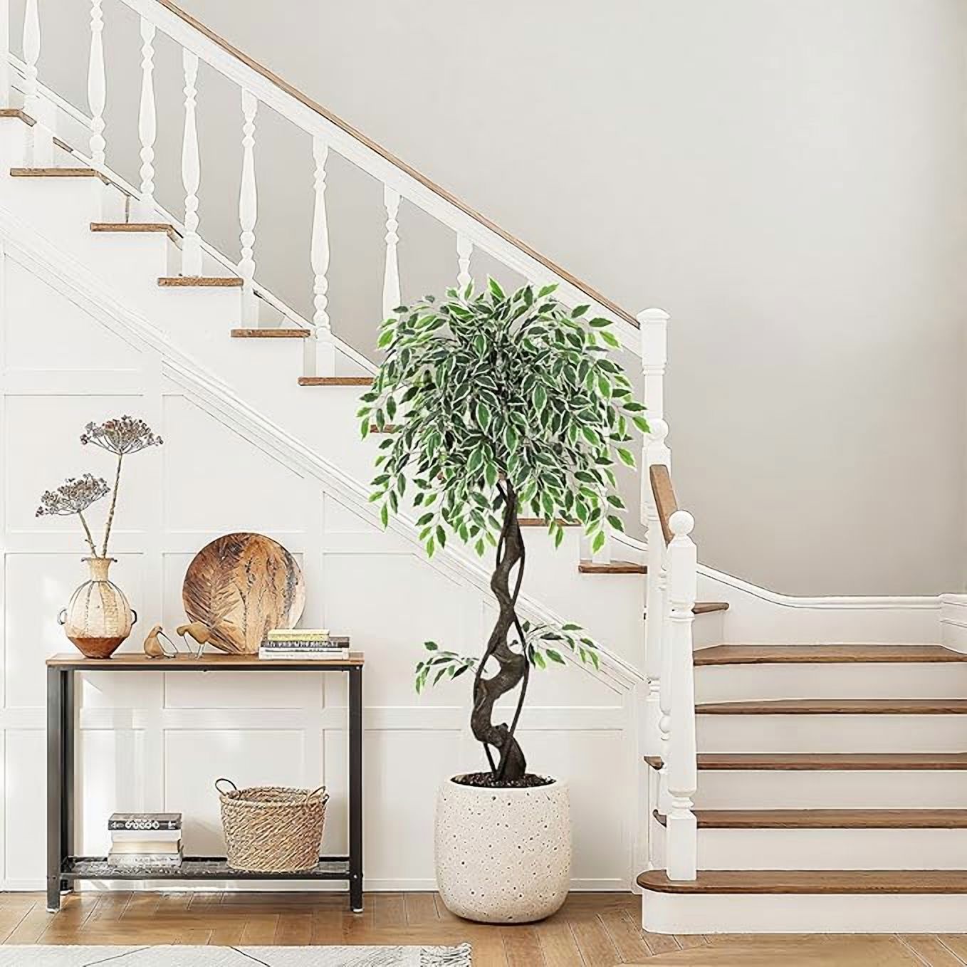6FT Artificial Tree Ficus, Tall Faux Trees Indoor with Natural Trunk and Fake Silk Tree Fake Plants for Home Spring Decor Living Room Outdoor Balcony House Office (Included Dried Moss Pebbles)