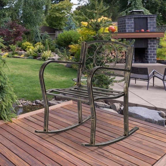 Wubio Retro Gold Rocking Chair Porch Rocker Iron Art Balcony Deck Outdoor Garden Seat